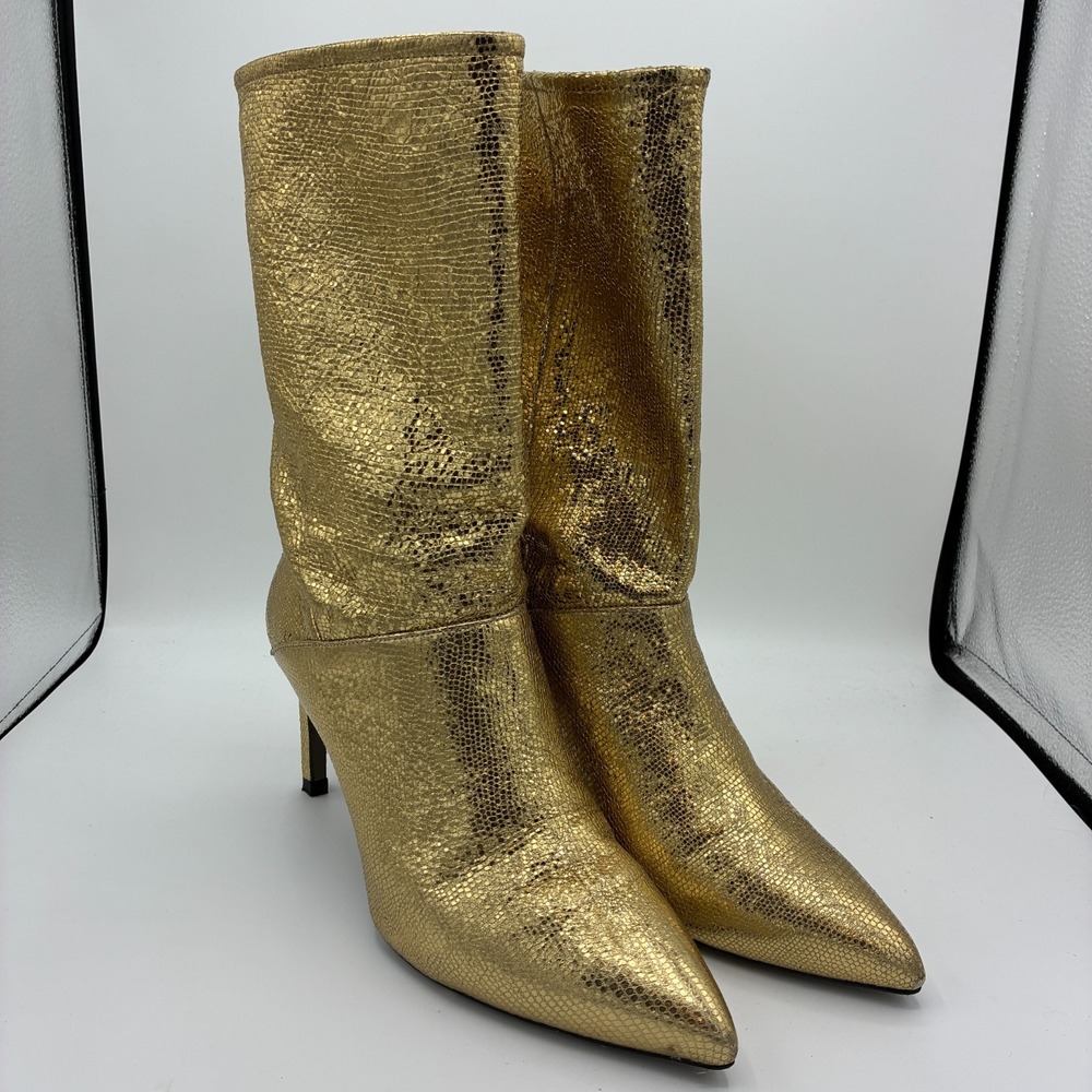 AllSaints Metallic Gold Pointed-Toe Mid-Calf Booties